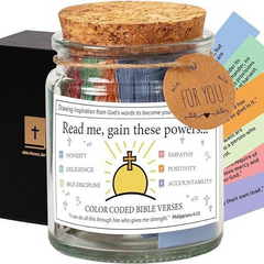 Color-coded Bible verses jar with inspirational powers for faith and positivity