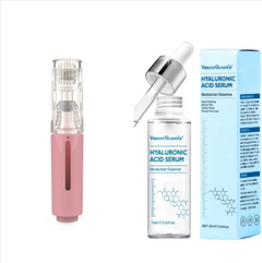 Hyaluronic Acid Serum with dropper and pink facial tool, moisturizing skincare set