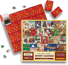 Festive 1000-piece jigsaw puzzle advent calendar with Christmas scenes and numbered red boxes
