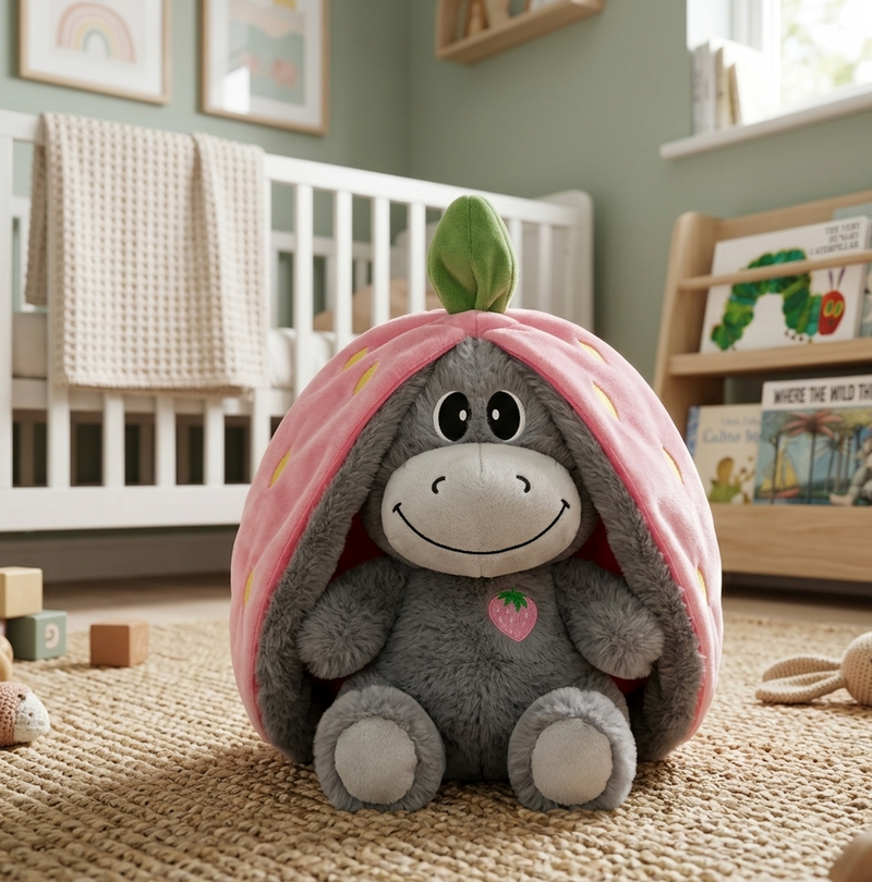 Cute gray hippo plush toy in pink strawberry shell, perfect baby nursery gift for kids
