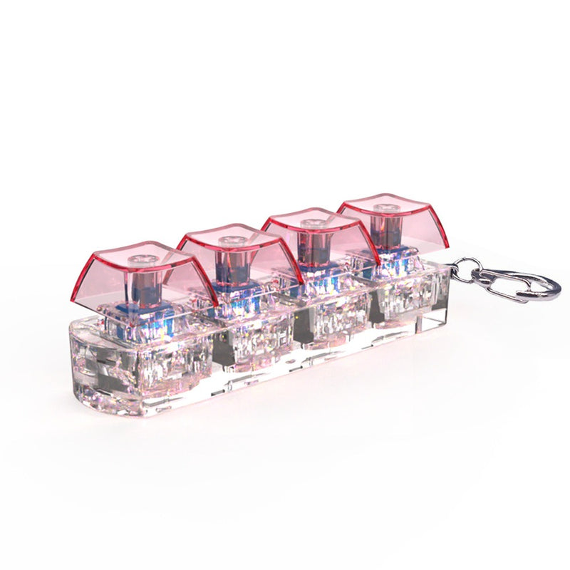 Clear acrylic keychain with 4 pink-tinted mechanical keyboard switches, ideal gift for tech lovers