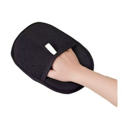 Black mesh bath scrubber with hand grip, exfoliating shower mitt for body care