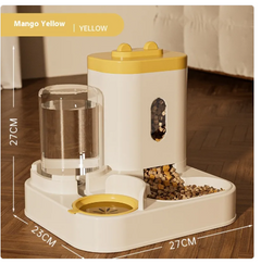Mango yellow automatic pet feeder with water dispenser, 27cm height, ideal for cats and dogs