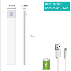 Slim silver body sensor light, 20cm long, USB rechargeable with battery icon, ideal for home gifts