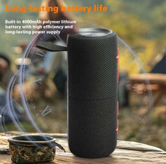 Portable black speaker with 4000mAh battery, outdoor use, long-lasting power for camping trips