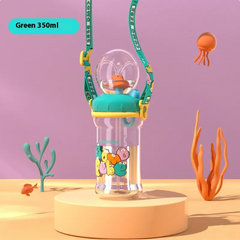 Green 350ml kids water bottle with ocean theme, cartoon sea creatures, and carry strap for children’s gifts