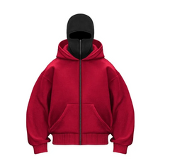 Red zip-up hoodie with black balaclava, cozy winter wear for family gifts