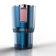 Blue car air purifier with rose gold accents, compact design for vehicle use