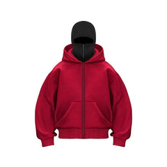 Red zip-up hoodie with black balaclava, cozy winter wear for gifts