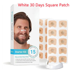 White nasal dilator starter kit with 15 square patches for better breathing and snore relief