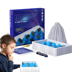 Boy playing magnetic strategy game with blue wave board and black pieces, educational toy for ages 9+