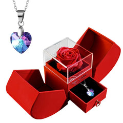 Heart crystal pendant necklace with preserved red rose in gift box, perfect romantic gift for her