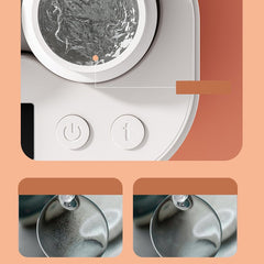 Modern white water fountain with power and timer buttons, bubbling water feature for pets