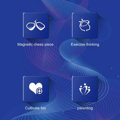 Magnetic chess piece, exercise thinking, cultivate fun, parenting icons on blue background