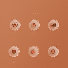Six circular icons with tech symbols on warm orange background