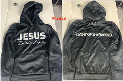 Black hoodie with 'Jesus Is the Light' front, 'Light of the World' back, starry design