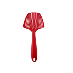 Red plastic slotted spatula with perforated head and hanging hole, kitchen cooking utensil