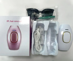 IPL hair removal device with charging cable, protective glasses, and packaging for at-home use