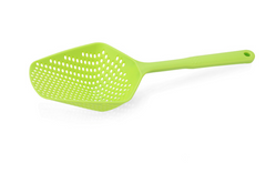 Bright green plastic strainer with perforated bowl and long handle for kitchen use