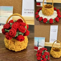 Handmade crochet rose bouquet in yellow basket, perfect gift for loved ones