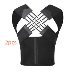 Black posture corrector brace with adjustable straps, 2 pcs for back support and alignment