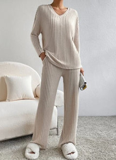 Cozy ribbed knit pajama set with V-neck top and wide-leg pants, perfect for lounging at home