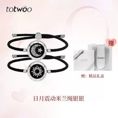 Totwoo sun and moon silver bracelets with black cord, gift set with luxury box