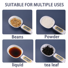 Digital kitchen scale measuring beans, powder, liquid, and tea leaves for precise cooking and baking