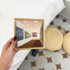 Wooden 3D art box with gallery hallway, Van Gogh & Mondrian prints, perfect gift for art lovers