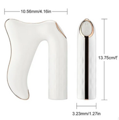 White ergonomic massager with gold accents, dimensions shown for compact design