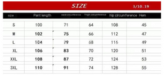 Size chart for women's pants with measurements for waist, hips, thigh, and hem by size S to 3XL