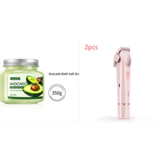 Avocado bath salt scrub 350g and pink electric hair trimmer 2pcs set for self-care gifts