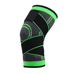 Black and neon green knee brace with breathable mesh and adjustable straps for support