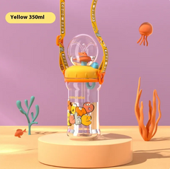 Yellow 350ml kids water bottle with ocean-themed design and carry strap, perfect for family gifts