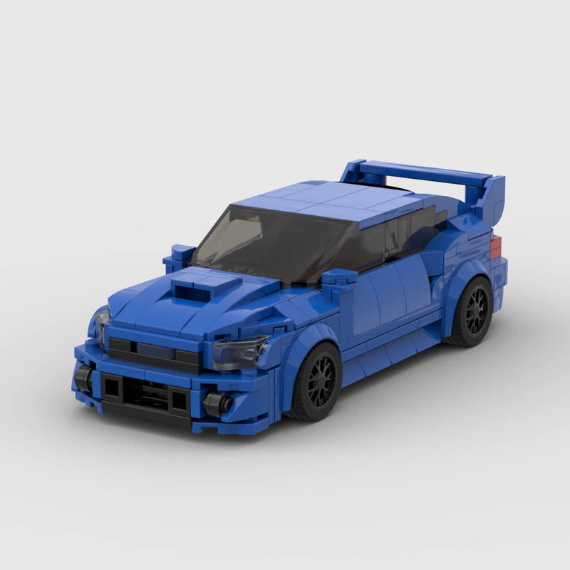 Blue LEGO-style sports car with black wheels and rear spoiler