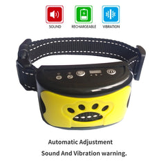 Yellow dog training collar with sound, vibration, and rechargeable features for pet behavior control