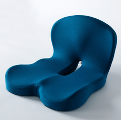 Blue ergonomic seat cushion with coccyx cutout for back pain relief and comfort