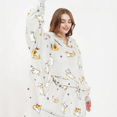 Cozy cat print hooded robe for women, soft plush pajama set with playful feline design