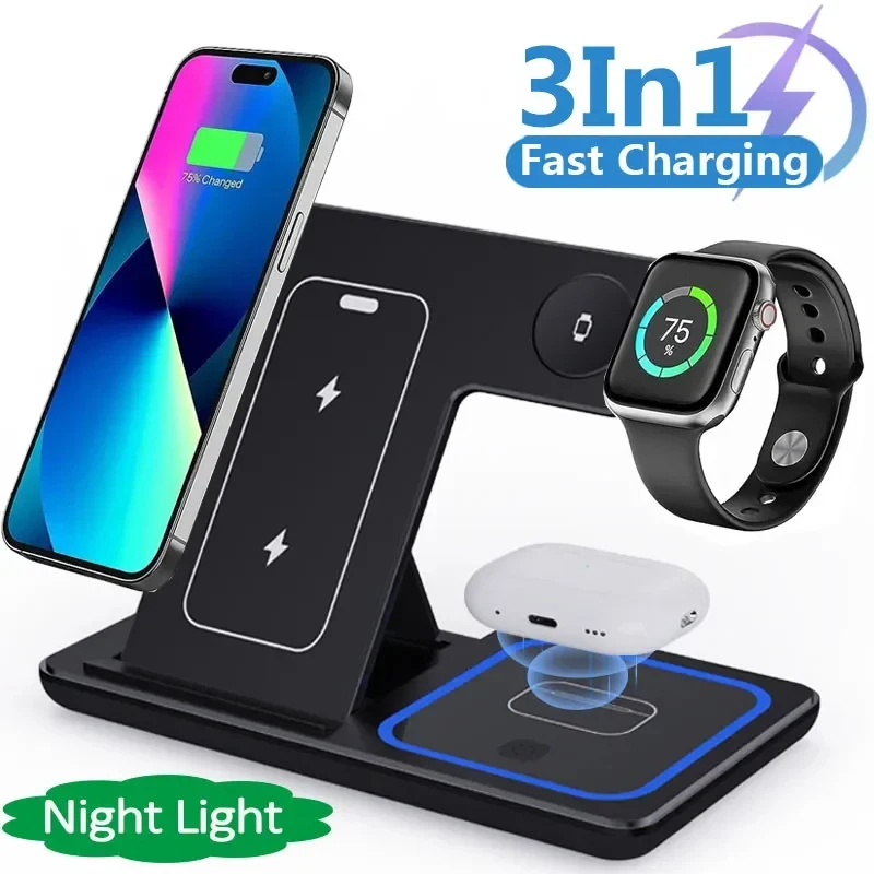 3-in-1 wireless charger for phone, watch & earbuds with night light, fast charging