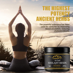 Shilajit Resin Ointment jar with woman meditating outdoors, natural Himalayan herbs for wellness