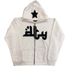 White zip-up hoodie with black star and Arabic script design, cozy family gift
