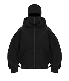 Black zip-up hoodie with full face mask, cozy winter streetwear for men and women