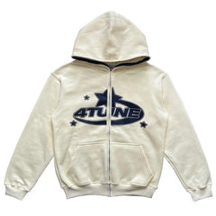 Cream zip-up hoodie with 4TUNE logo and stars, cozy kids gift