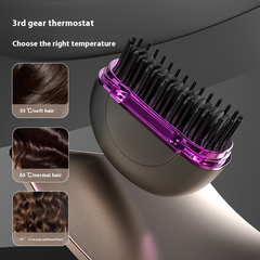 Purple hair styling brush with 3 temperature settings for soft, normal, and coarse hair