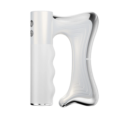 White handheld massager with ergonomic design and silver accents for muscle relaxation