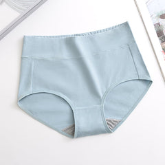 Light blue high-waisted women's underwear with gray gusset, soft cotton blend
