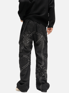 Black ripped cargo jeans with white stitching, loose fit, for teens or adults, stylish streetwear