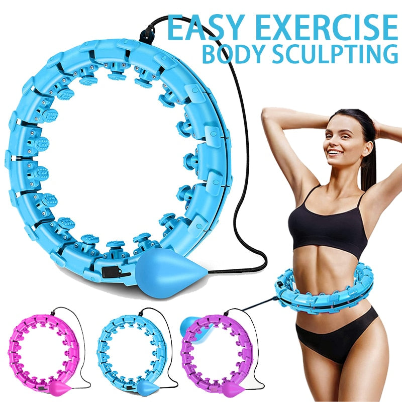 Blue adjustable hula hoop for easy exercise and body sculpting, shown with pink and purple options