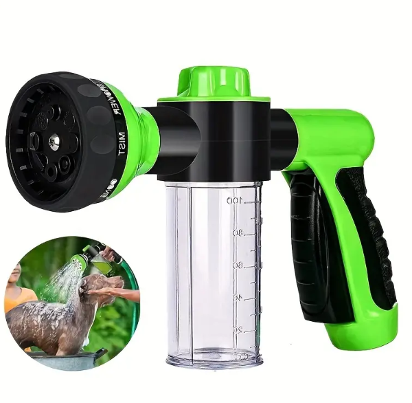 Green and black pet shower sprayer with detachable bottle for dog bathing