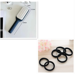 Black hairbrush with white bristles and black hair ties, perfect for daily grooming and styling